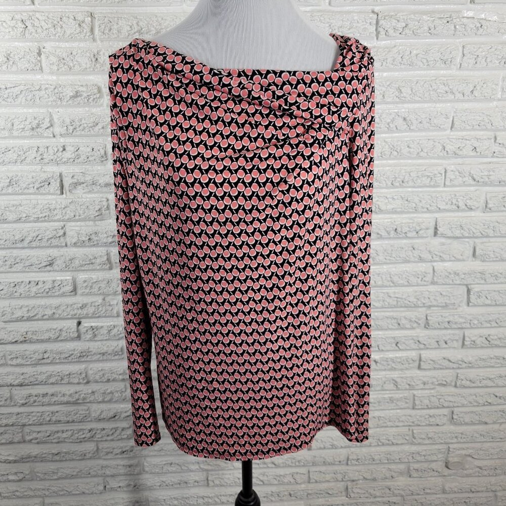 Liz Claiborne Womens XL Blouse Top Black Pink Geometric Draped Boat Neck GEO92E